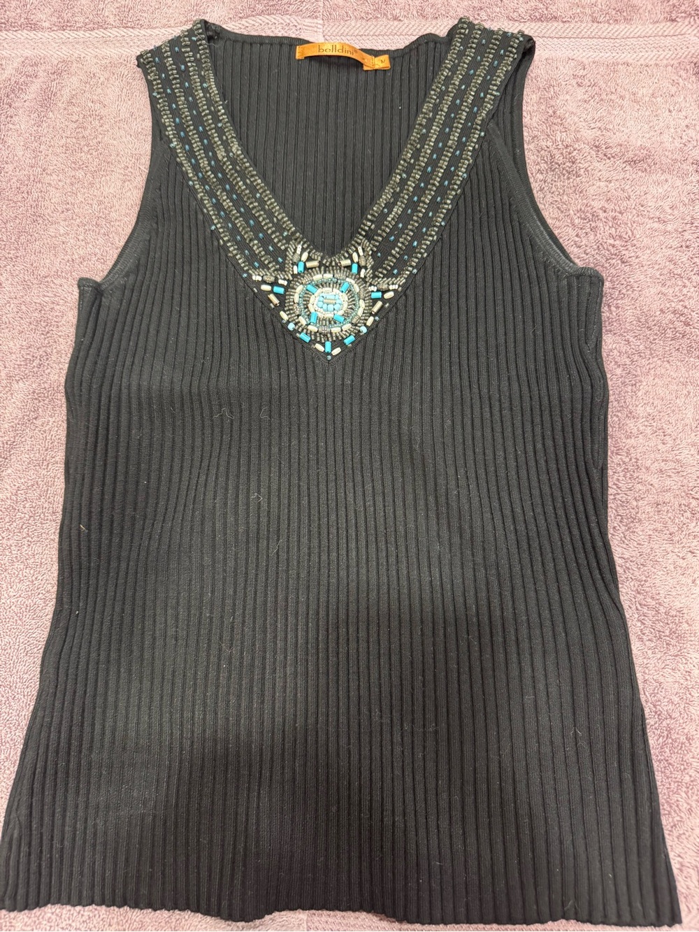 bellini Black Beaded V-Neck Ribbed Tank Top (CL-5)